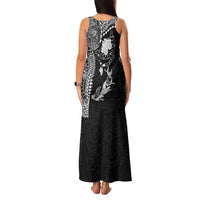 Hawaiian Manta Ray Tribal Family Matching Tank Maxi Dress and Hawaiian Shirt Polynesian Art Motifs Black Color