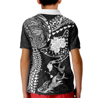 Hawaiian Manta Ray Tribal Kid Polo Shirt Polynesian Art Motifs Black Color