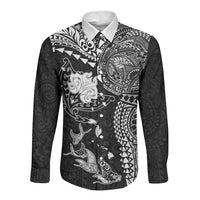 Hawaiian Manta Ray Tribal Long Sleeve Button Shirt Polynesian Art Motifs Black Color LT03 Unisex Black - Polynesian Pride