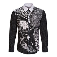 Hawaiian Manta Ray Tribal Long Sleeve Button Shirt Polynesian Art Motifs Black Color LT03 Unisex Black - Polynesian Pride