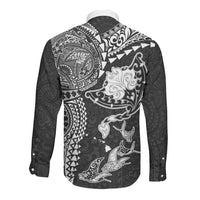 Hawaiian Manta Ray Tribal Long Sleeve Button Shirt Polynesian Art Motifs Black Color LT03 - Polynesian Pride