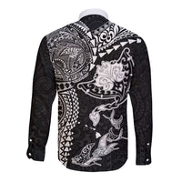 Hawaiian Manta Ray Tribal Long Sleeve Button Shirt Polynesian Art Motifs Black Color LT03 - Polynesian Pride