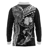 Hawaiian Manta Ray Tribal Long Sleeve Polo Shirt Polynesian Art Motifs Black Color