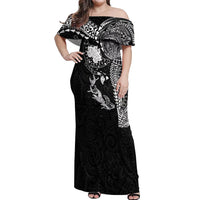 Hawaiian Manta Ray Tribal Off Shoulder Maxi Dress Polynesian Art Motifs Black Color LT03 Women Black - Polynesian Pride