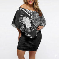 Hawaiian Manta Ray Tribal Off Shoulder Short Dress Polynesian Art Motifs Black Color LT03 Women Black - Polynesian Pride