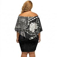 Hawaiian Manta Ray Tribal Off Shoulder Short Dress Polynesian Art Motifs Black Color LT03 - Polynesian Pride