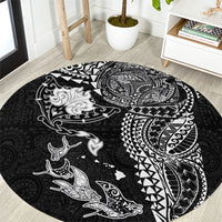 Hawaiian Manta Ray Tribal Round Carpet Polynesian Art Motifs Black Color