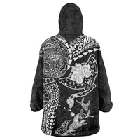 Hawaiian Manta Ray Tribal Wearable Blanket Hoodie Polynesian Art Motifs Black Color