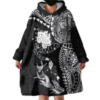 Hawaiian Manta Ray Tribal Wearable Blanket Hoodie Polynesian Art Motifs Black Color