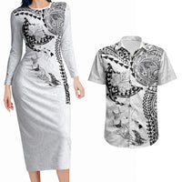 Hawaiian Manta Ray Tribal Couples Matching Long Sleeve Bodycon Dress and Hawaiian Shirt Polynesian Art Motifs White Color LT03 White - Polynesian Pride