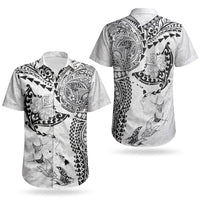 Hawaiian Manta Ray Tribal Couples Matching Long Sleeve Bodycon Dress and Hawaiian Shirt Polynesian Art Motifs White Color LT03 - Polynesian Pride