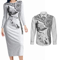 Hawaiian Manta Ray Tribal Couples Matching Long Sleeve Bodycon Dress and Long Sleeve Button Shirt Polynesian Art Motifs White Color LT03 White - Polynesian Pride