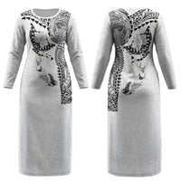 Hawaiian Manta Ray Tribal Couples Matching Long Sleeve Bodycon Dress and Long Sleeve Button Shirt Polynesian Art Motifs White Color LT03