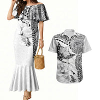 Hawaiian Manta Ray Tribal Couples Matching Mermaid Dress and Hawaiian Shirt Polynesian Art Motifs White Color LT03 White - Polynesian Pride