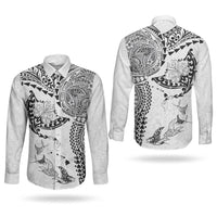 Hawaiian Manta Ray Tribal Couples Matching Mermaid Dress and Long Sleeve Button Shirt Polynesian Art Motifs White Color LT03 - Polynesian Pride