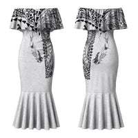 Hawaiian Manta Ray Tribal Couples Matching Mermaid Dress and Long Sleeve Button Shirt Polynesian Art Motifs White Color LT03