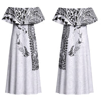 Hawaiian Manta Ray Tribal Couples Matching Off Shoulder Maxi Dress and Long Sleeve Button Shirt Polynesian Art Motifs White Color LT03