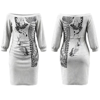 Hawaiian Manta Ray Tribal Couples Matching Off The Shoulder Long Sleeve Dress and Hawaiian Shirt Polynesian Art Motifs White Color LT03 - Polynesian Pride
