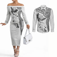 Hawaiian Manta Ray Tribal Couples Matching Off The Shoulder Long Sleeve Dress and Long Sleeve Button Shirt Polynesian Art Motifs White Color LT03 White - Polynesian Pride
