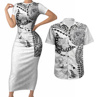Hawaiian Manta Ray Tribal Couples Matching Short Sleeve Bodycon Dress and Hawaiian Shirt Polynesian Art Motifs White Color LT03 White - Polynesian Pride