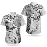 Hawaiian Manta Ray Tribal Couples Matching Short Sleeve Bodycon Dress and Hawaiian Shirt Polynesian Art Motifs White Color LT03 - Polynesian Pride