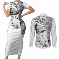 Hawaiian Manta Ray Tribal Couples Matching Short Sleeve Bodycon Dress and Long Sleeve Button Shirt Polynesian Art Motifs White Color LT03 White - Polynesian Pride