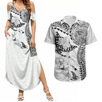 Hawaiian Manta Ray Tribal Couples Matching Summer Maxi Dress and Hawaiian Shirt Polynesian Art Motifs White Color LT03 White - Polynesian Pride