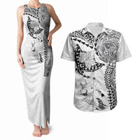 Hawaiian Manta Ray Tribal Couples Matching Tank Maxi Dress and Hawaiian Shirt Polynesian Art Motifs White Color LT03 White - Polynesian Pride