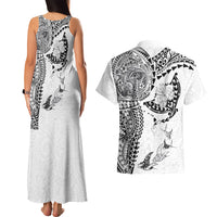 Hawaiian Manta Ray Tribal Couples Matching Tank Maxi Dress and Hawaiian Shirt Polynesian Art Motifs White Color