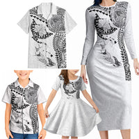Hawaiian Manta Ray Tribal Family Matching Long Sleeve Bodycon Dress and Hawaiian Shirt Polynesian Art Motifs White Color LT03 - Polynesian Pride