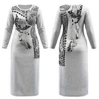 Hawaiian Manta Ray Tribal Family Matching Long Sleeve Bodycon Dress and Hawaiian Shirt Polynesian Art Motifs White Color LT03 Mom's Dress White - Polynesian Pride