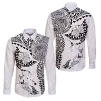 Hawaiian Manta Ray Tribal Family Matching Long Sleeve Bodycon Dress and Hawaiian Shirt Polynesian Art Motifs White Color LT03 Dad's Shirt - Long Sleeve White - Polynesian Pride