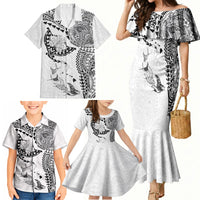 Hawaiian Manta Ray Tribal Family Matching Mermaid Dress and Hawaiian Shirt Polynesian Art Motifs White Color LT03 - Polynesian Pride