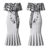 Hawaiian Manta Ray Tribal Family Matching Mermaid Dress and Hawaiian Shirt Polynesian Art Motifs White Color LT03 Mom's Dress White - Polynesian Pride