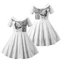 Hawaiian Manta Ray Tribal Family Matching Off The Shoulder Long Sleeve Dress and Hawaiian Shirt Polynesian Art Motifs White Color LT03 Daughter's Dress White - Polynesian Pride