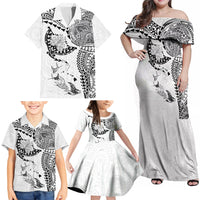 Hawaiian Manta Ray Tribal Family Matching Off Shoulder Maxi Dress and Hawaiian Shirt Polynesian Art Motifs White Color LT03 - Polynesian Pride