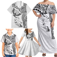 Hawaiian Manta Ray Tribal Family Matching Off Shoulder Maxi Dress and Hawaiian Shirt Polynesian Art Motifs White Color LT03 - Polynesian Pride