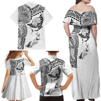Hawaiian Manta Ray Tribal Family Matching Off Shoulder Maxi Dress and Hawaiian Shirt Polynesian Art Motifs White Color LT03 Mom's Dress White - Polynesian Pride