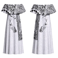 Hawaiian Manta Ray Tribal Family Matching Off Shoulder Maxi Dress and Hawaiian Shirt Polynesian Art Motifs White Color LT03 Mom's Dress White - Polynesian Pride