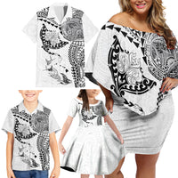 Hawaiian Manta Ray Tribal Family Matching Off Shoulder Short Dress and Hawaiian Shirt Polynesian Art Motifs White Color LT03 - Polynesian Pride