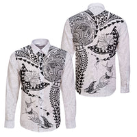 Hawaiian Manta Ray Tribal Family Matching Off Shoulder Short Dress and Hawaiian Shirt Polynesian Art Motifs White Color LT03 Dad's Shirt - Long Sleeve White - Polynesian Pride