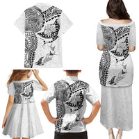 Hawaiian Manta Ray Tribal Family Matching Puletasi and Hawaiian Shirt Polynesian Art Motifs White Color LT03 Mom's Dress White - Polynesian Pride