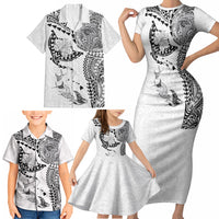 Hawaiian Manta Ray Tribal Family Matching Short Sleeve Bodycon Dress and Hawaiian Shirt Polynesian Art Motifs White Color LT03 - Polynesian Pride