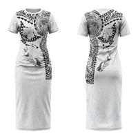 Hawaiian Manta Ray Tribal Family Matching Short Sleeve Bodycon Dress and Hawaiian Shirt Polynesian Art Motifs White Color LT03 Mom's Dress White - Polynesian Pride