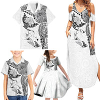 Hawaiian Manta Ray Tribal Family Matching Summer Maxi Dress and Hawaiian Shirt Polynesian Art Motifs White Color LT03 - Polynesian Pride