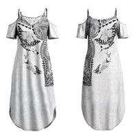 Hawaiian Manta Ray Tribal Family Matching Summer Maxi Dress and Hawaiian Shirt Polynesian Art Motifs White Color LT03 Mom's Dress White - Polynesian Pride