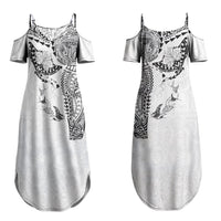 Hawaiian Manta Ray Tribal Family Matching Summer Maxi Dress and Hawaiian Shirt Polynesian Art Motifs White Color LT03 Mom's Dress White - Polynesian Pride