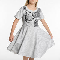 Hawaiian Manta Ray Tribal Kid Short Sleeve Dress Polynesian Art Motifs White Color LT03 - Polynesian Pride