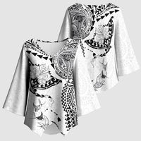 Hawaiian Manta Ray Tribal Kimono Sleeve Blouse Polynesian Art Motifs White Color