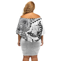 Hawaiian Manta Ray Tribal Off Shoulder Short Dress Polynesian Art Motifs White Color